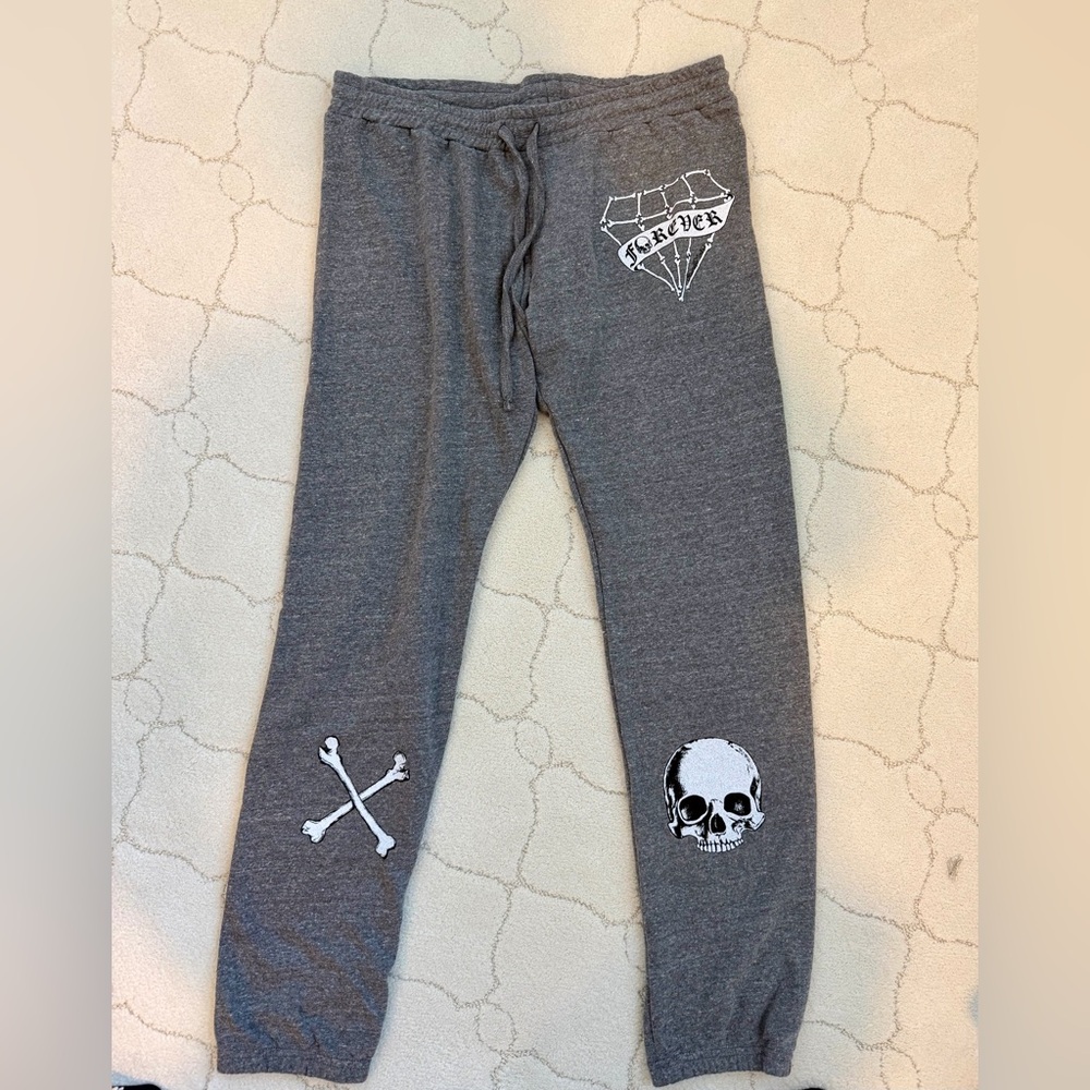 Lauren Moshi Gray Skull & Crossbones Jogger Sweatpants Women’s L NWT